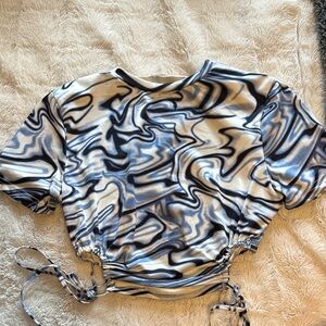 SHEIN Blue & White Abstract Marble Ruched Crop Top
